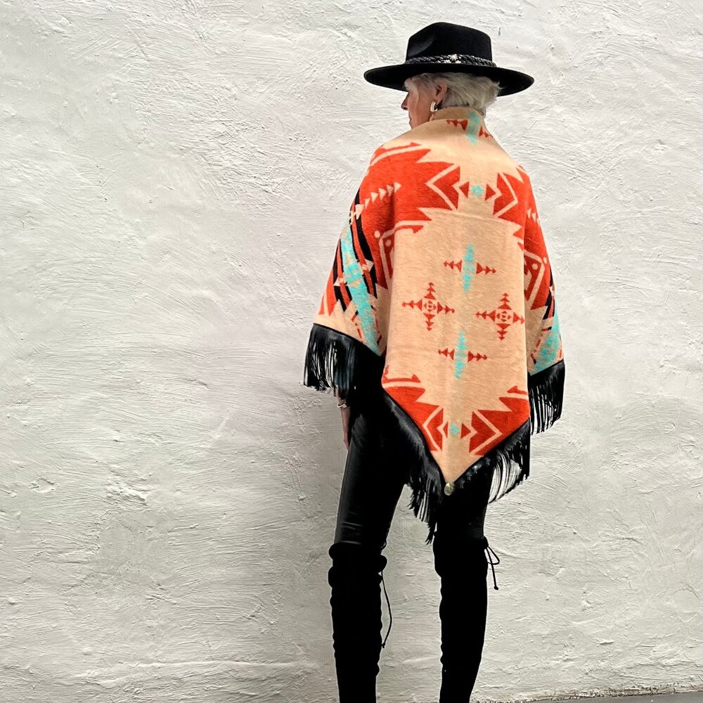 New - Women's Shawl with faux leather fringe - Powderhorn